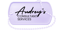 Audrey's Consultant Services text on purple dog tag