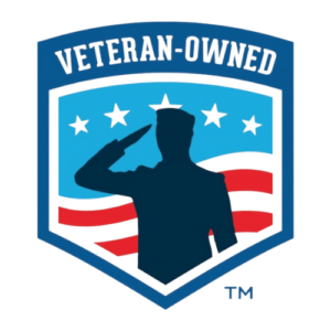 Person saluting against American flag with veteran owned insignia